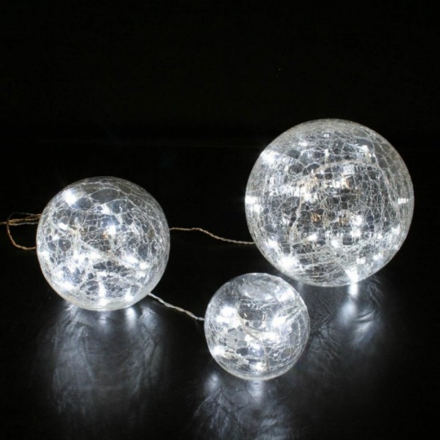 Set 3 boules lumineuses en verre craquelé transparent led blanc